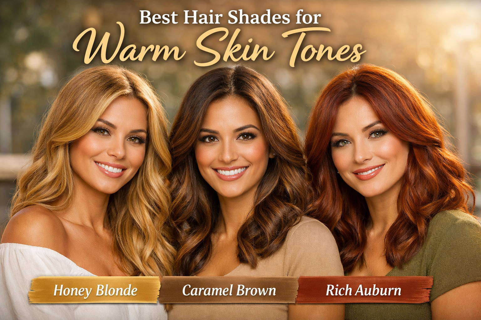 hair shades for warm skin tones with caramel, honey blonde, and auburn hues