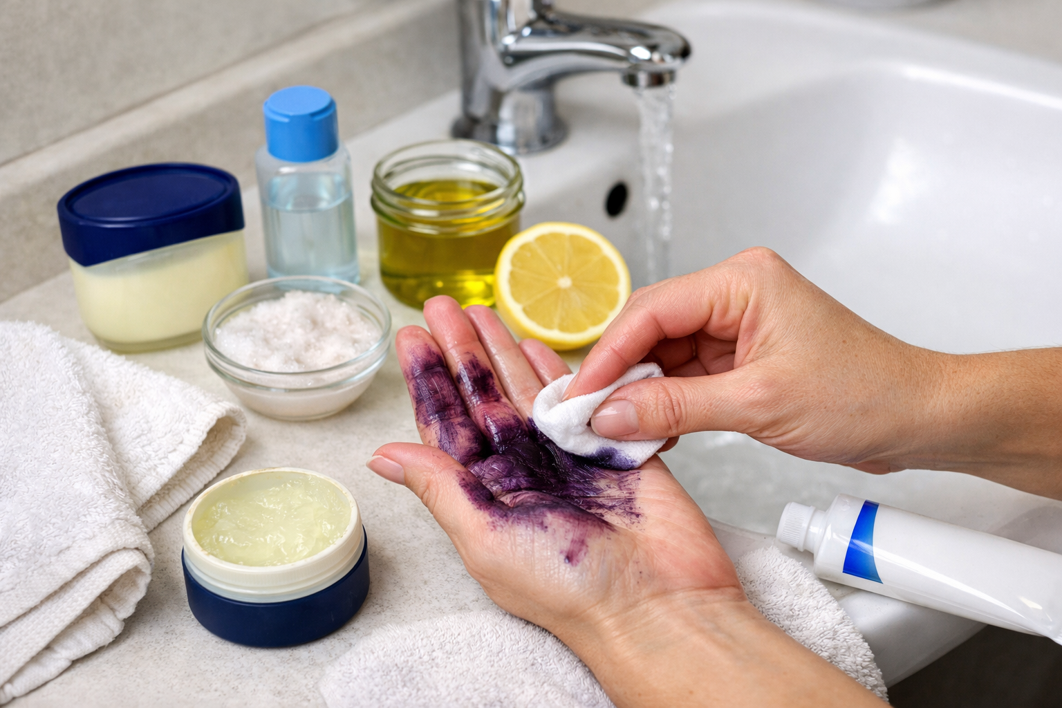 Person removing hair dye stains from skin using home remedies