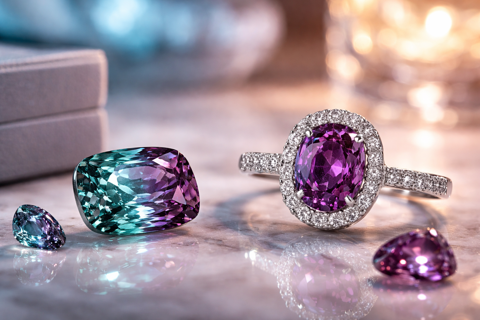 Lab grown alexandrite gemstone showing green and purple color change