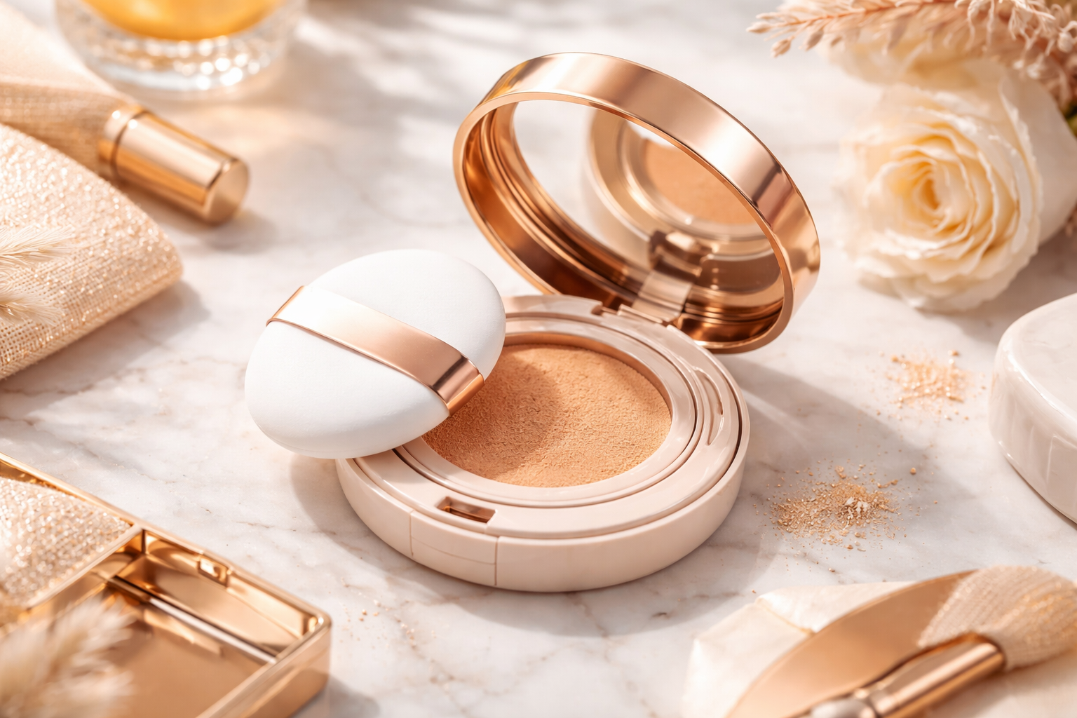 Cushion foundation compact with puff and glowing skin finish