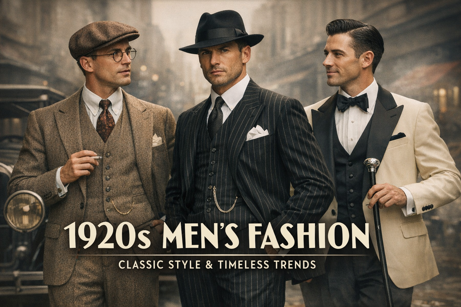 Three stylish men wearing 1920s mens fashion outfits including tweed suit, pinstripe suit, and tuxedo with vintage accessories