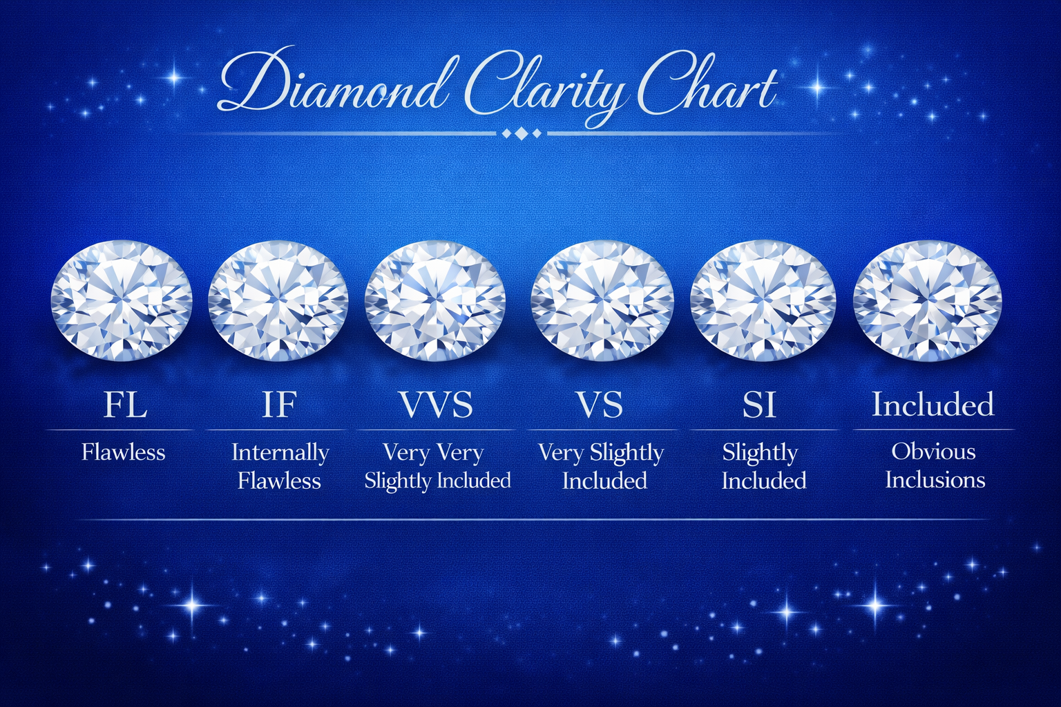 Diamond clarity chart showing different clarity grades including FL, IF, VVS, VS, SI, and Included with diamond illustrations.