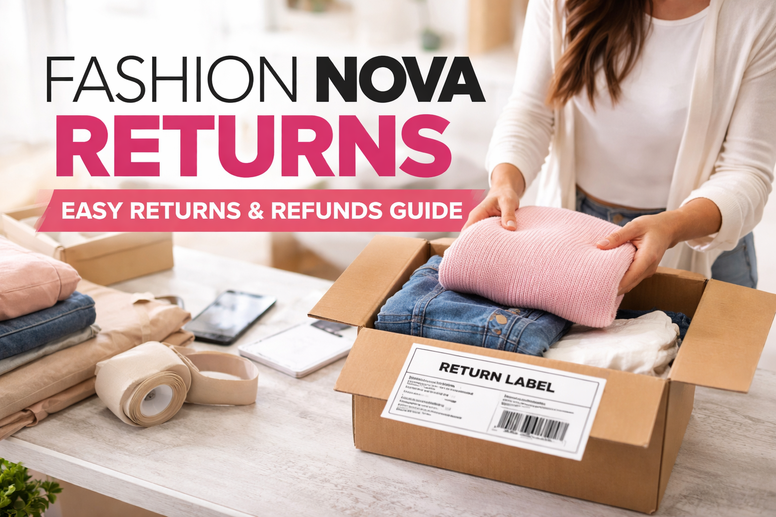Fashion Nova returns process with clothes packed and labeled for shipping