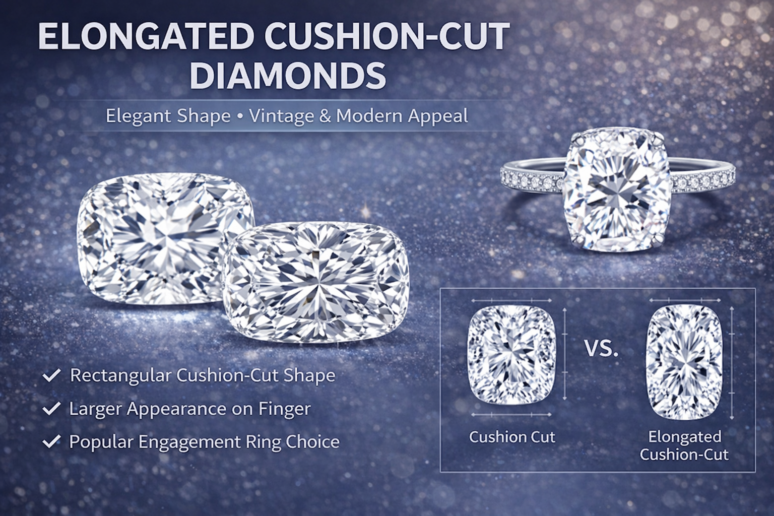 Elongated cushion-cut diamonds comparison infographic showing elongated cushion diamond shape, engagement ring setting, and size comparison with standard cushion cut.