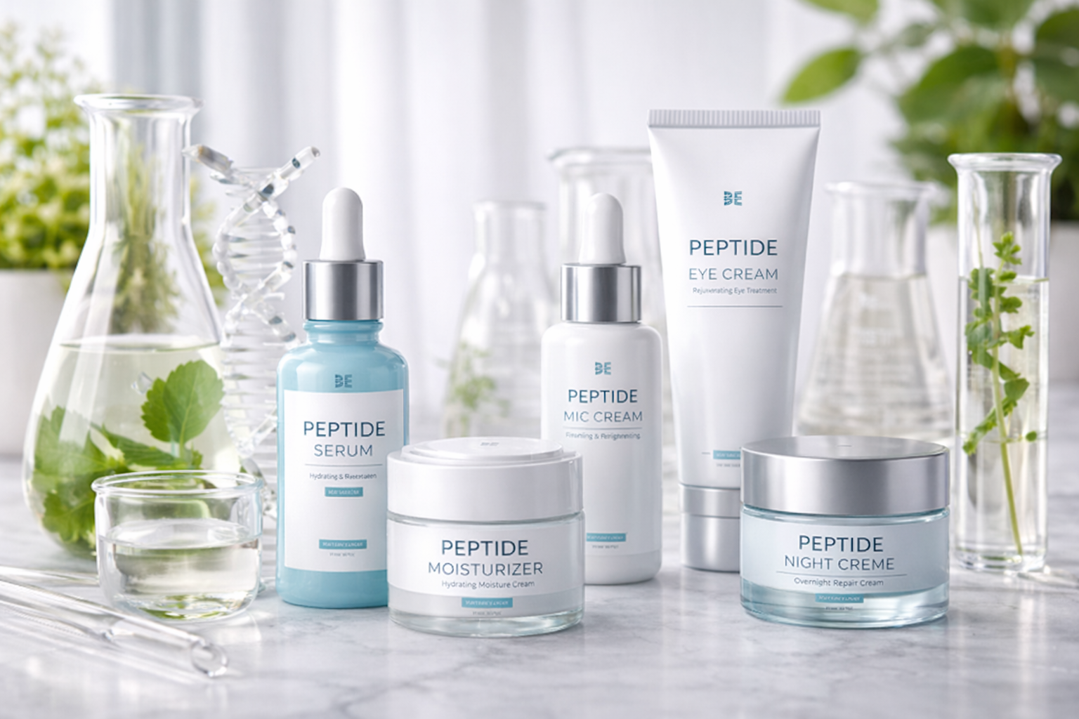 Peptide skincare products including peptide serum, moisturizer, eye cream, and night cream displayed with laboratory glassware representing science-based skincare.