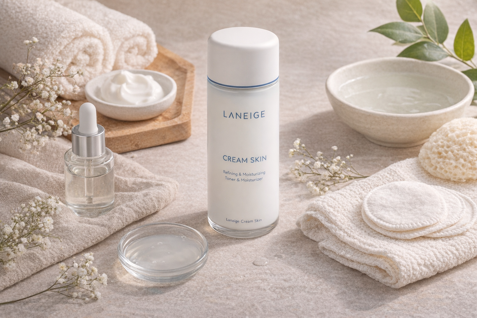 Laneige Cream Skin Toner bottle with skincare products and soft towels on neutral background