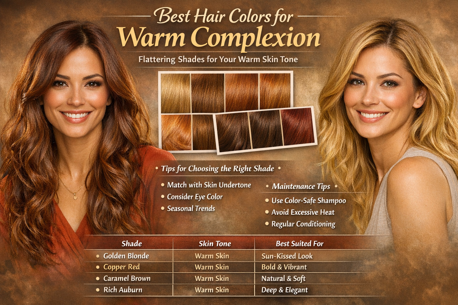 warm complexion hair colors featuring golden blonde caramel brown and copper shades on women with warm skin tones
