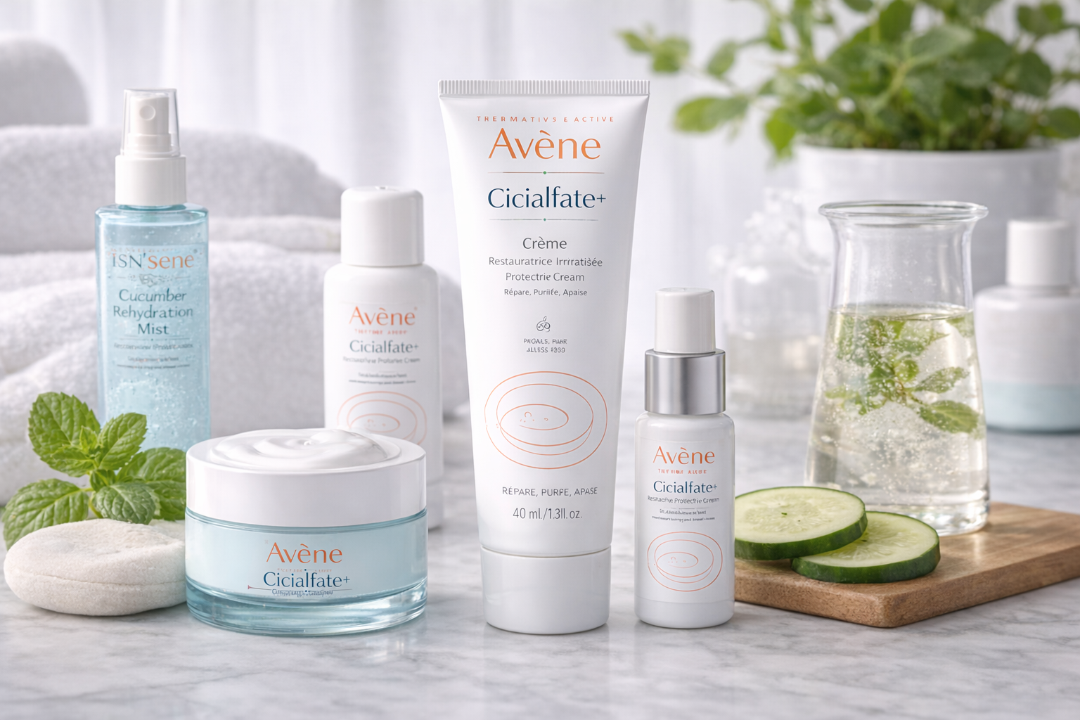 Avène Cicalfate restorative protective cream with Avène skincare products displayed on a marble surface with fresh botanical elements.