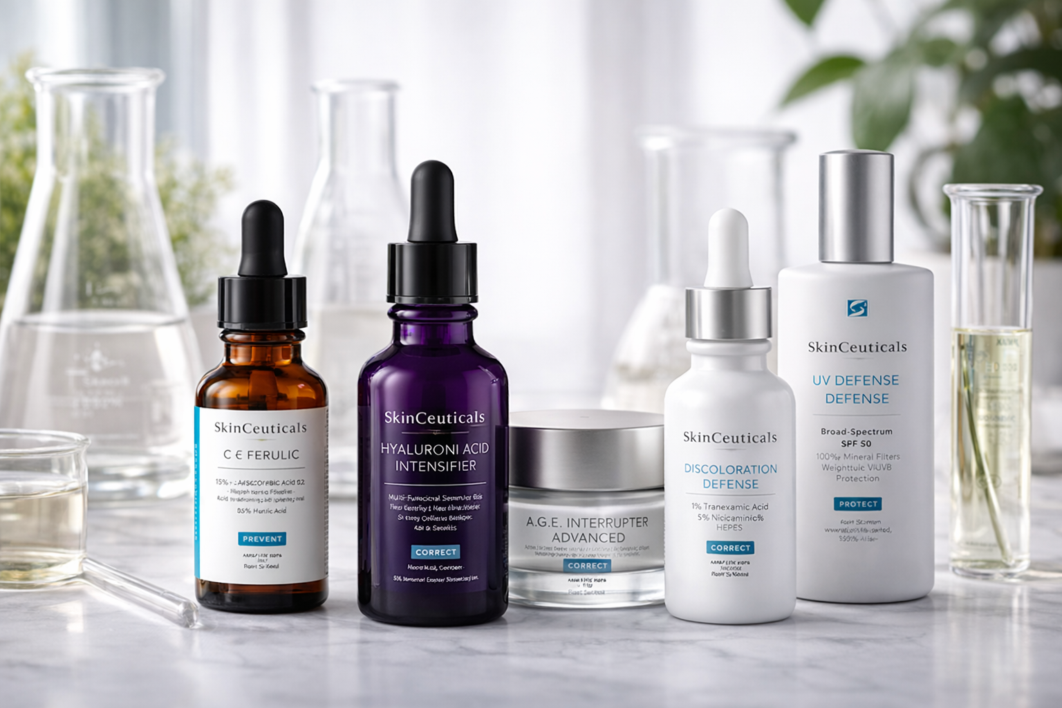 SkinCeuticals skincare products including vitamin C serum and hyaluronic acid displayed on a clean marble surface with laboratory glassware