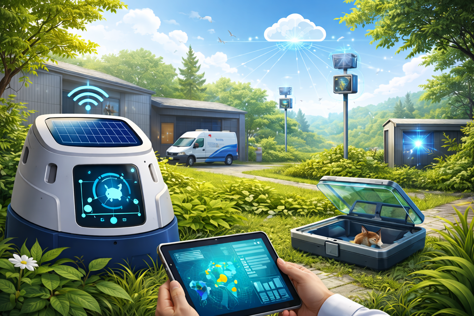 Smart digital pest control monitoring system with eco-friendly traps and environmental sanitation technology.