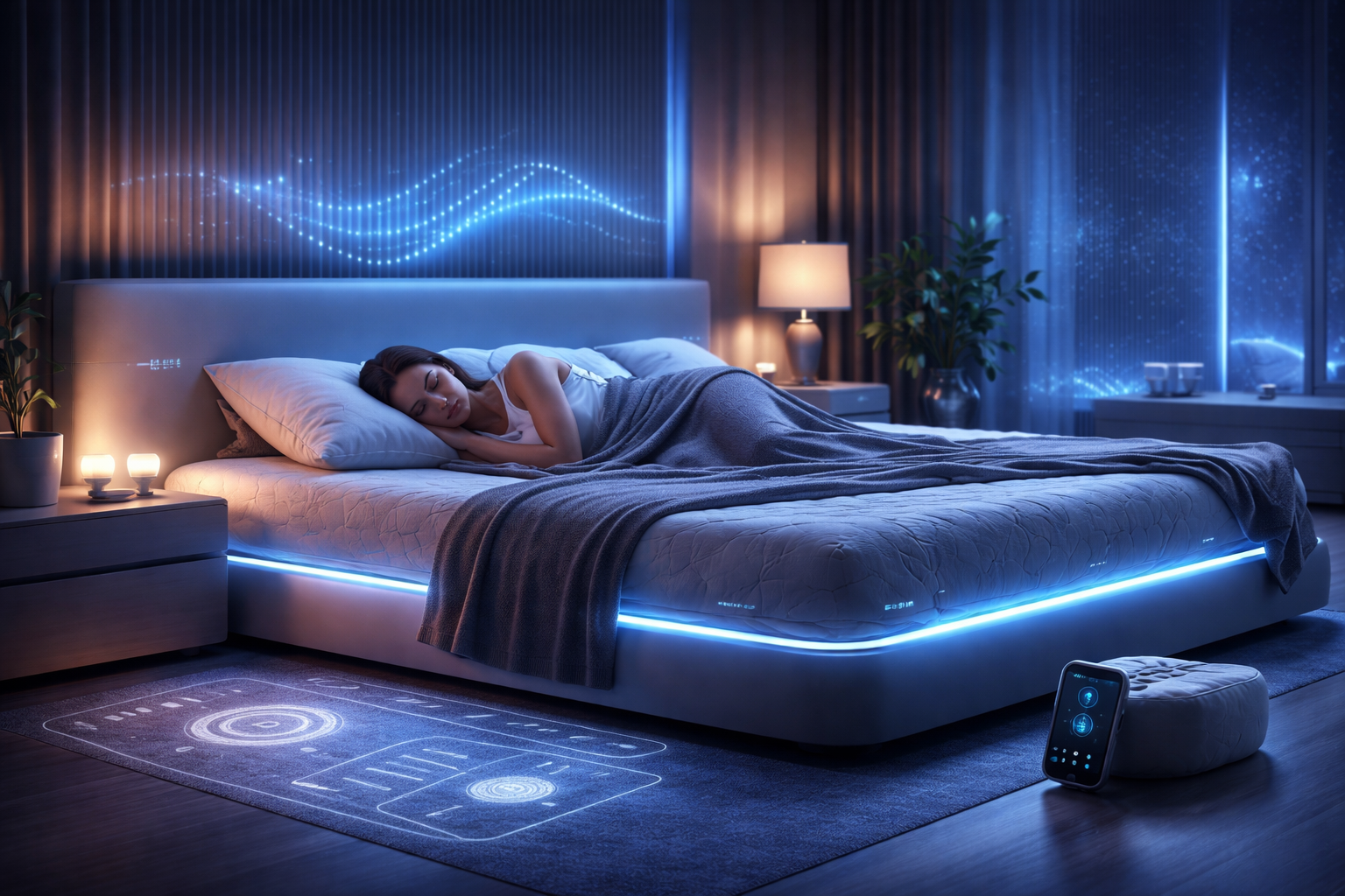 Futuristic smart bedroom showcasing advanced sleep technology and peaceful resting environment