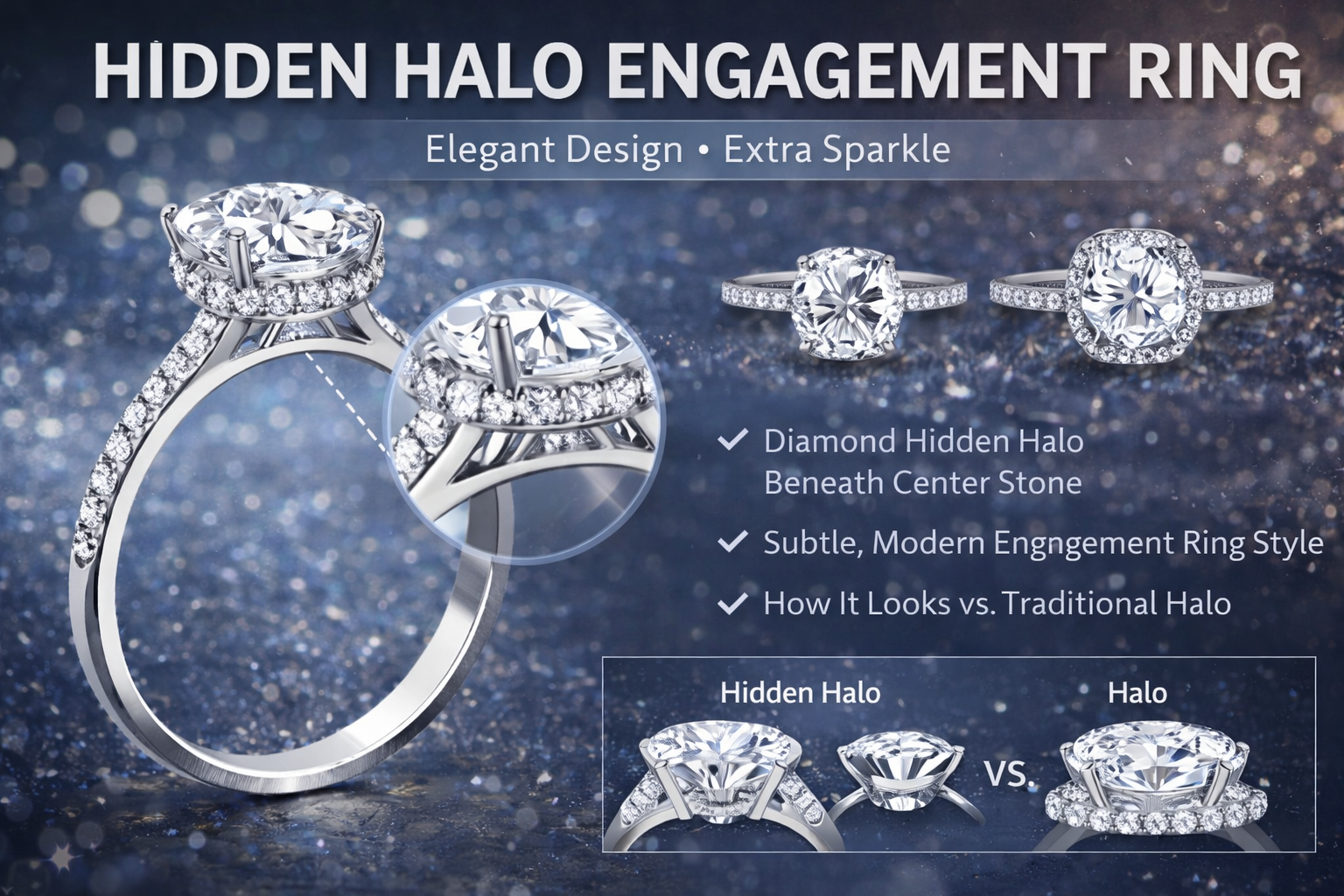 Hidden halo engagement ring with a round center diamond and small pavé diamonds beneath the stone creating extra sparkle.