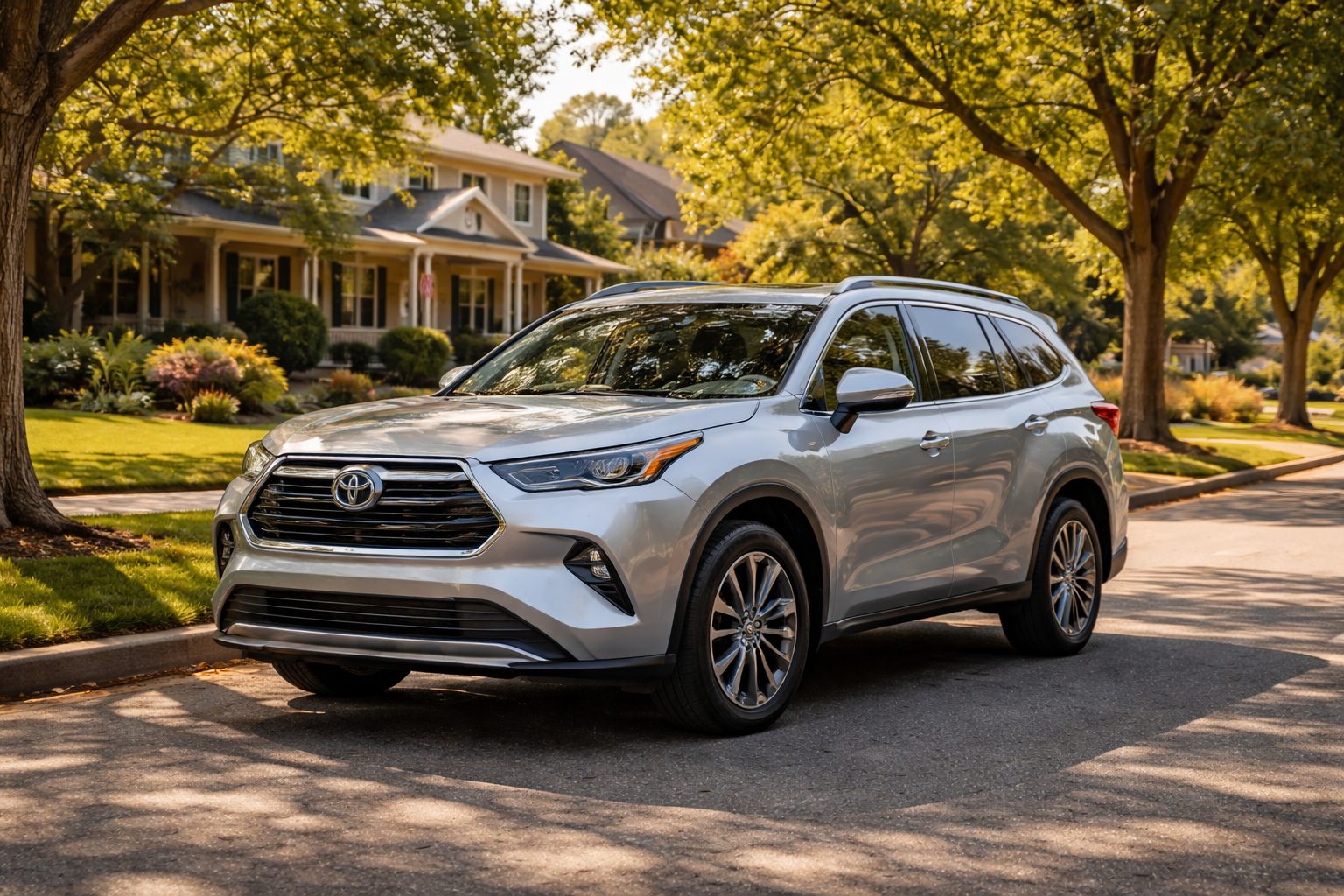 Silver Toyota Highlander SUV parked on a sunny suburban street