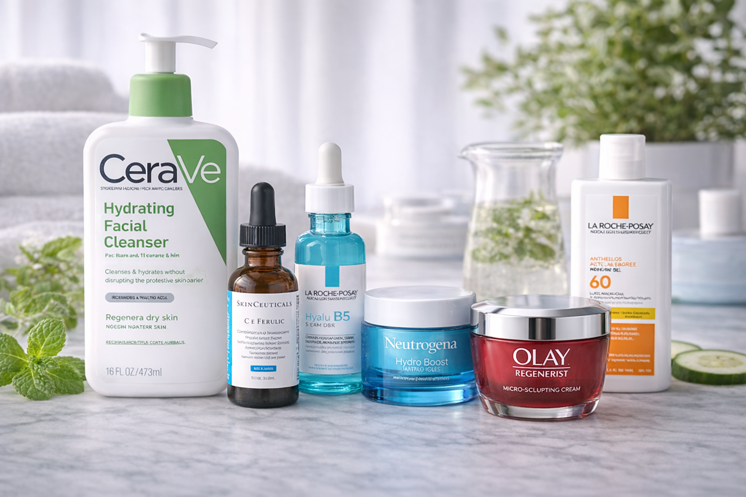 Best skin care products including cleanser, vitamin C serum, moisturizer, and sunscreen displayed on a marble surface.