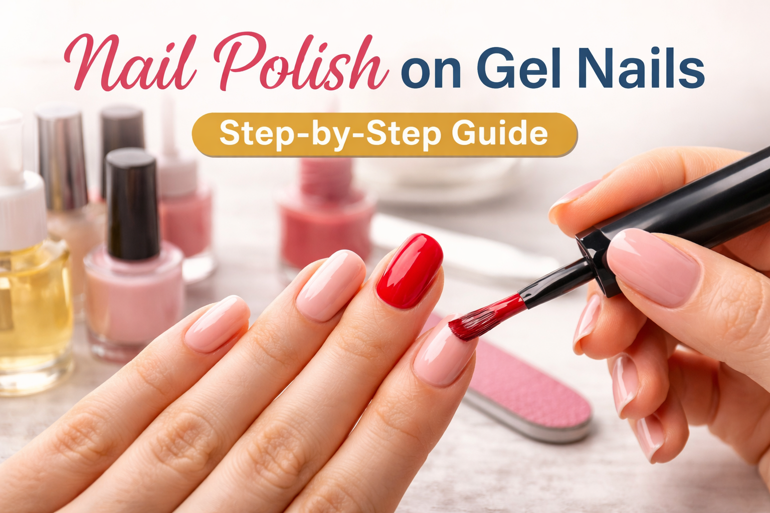nail polish on gel nails application process showing shiny manicure