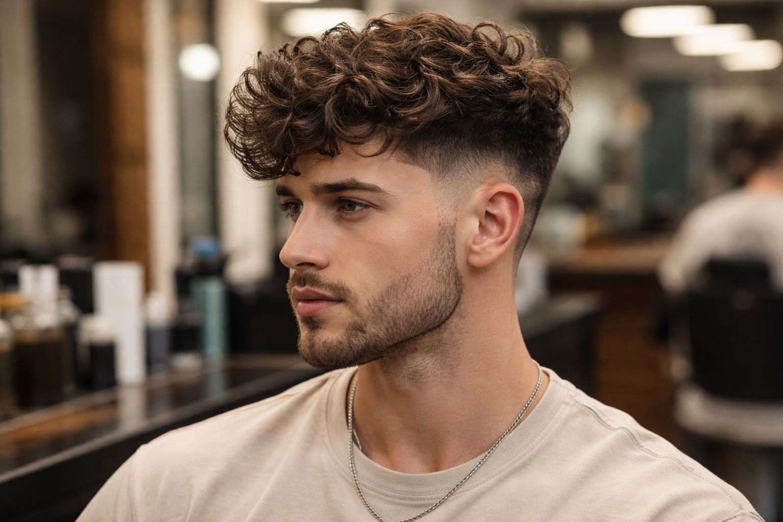 modern men perm hairstyle with soft curls and fade haircut