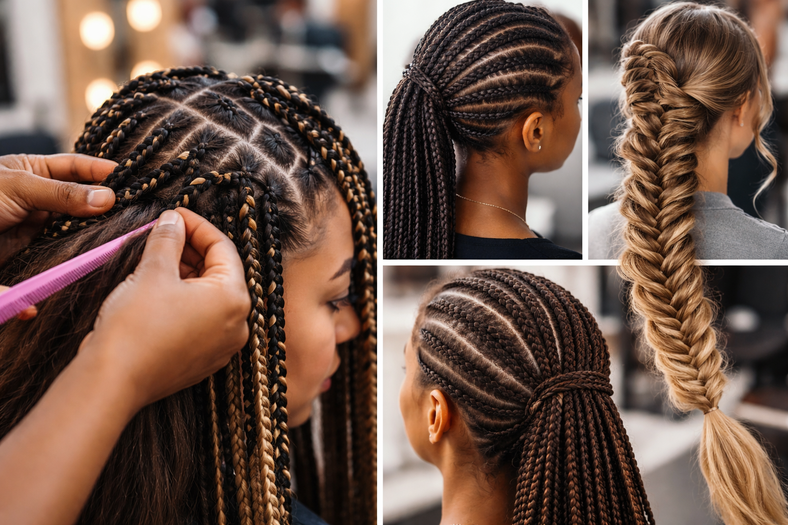 Braiding hair styles including box braids and cornrows in a professional setup