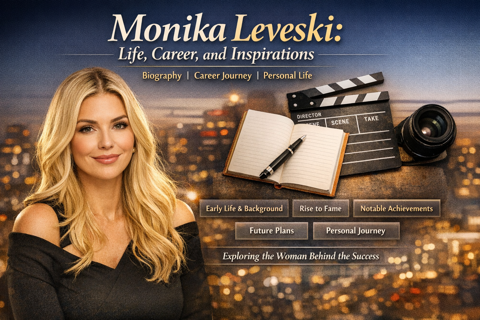 Monika Leveski portrait in elegant style with city background for biography article