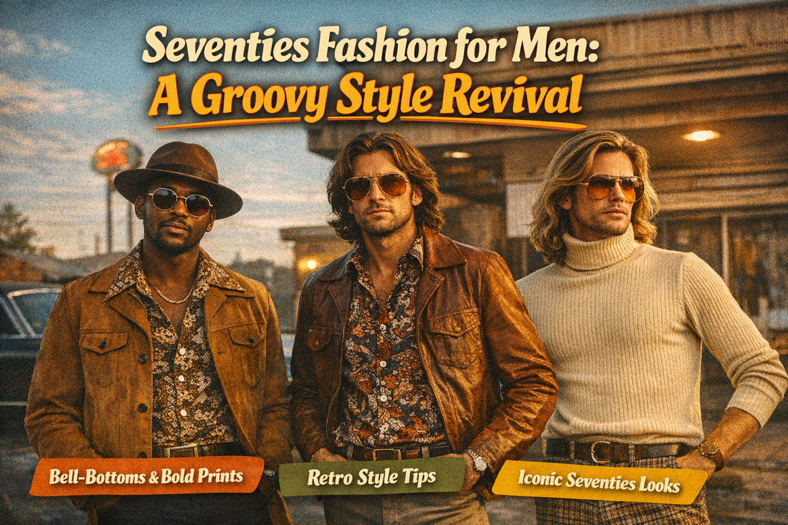 seventies fashion mens outfits with flared pants and retro shirts