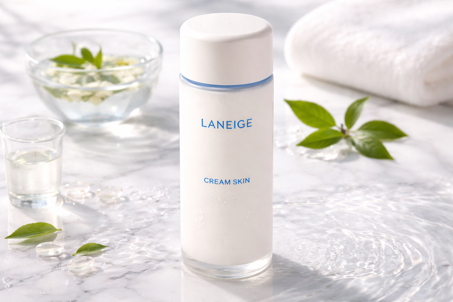 Laneige Cream Skin Toner bottle placed on marble surface with white tea leaves and skincare elements