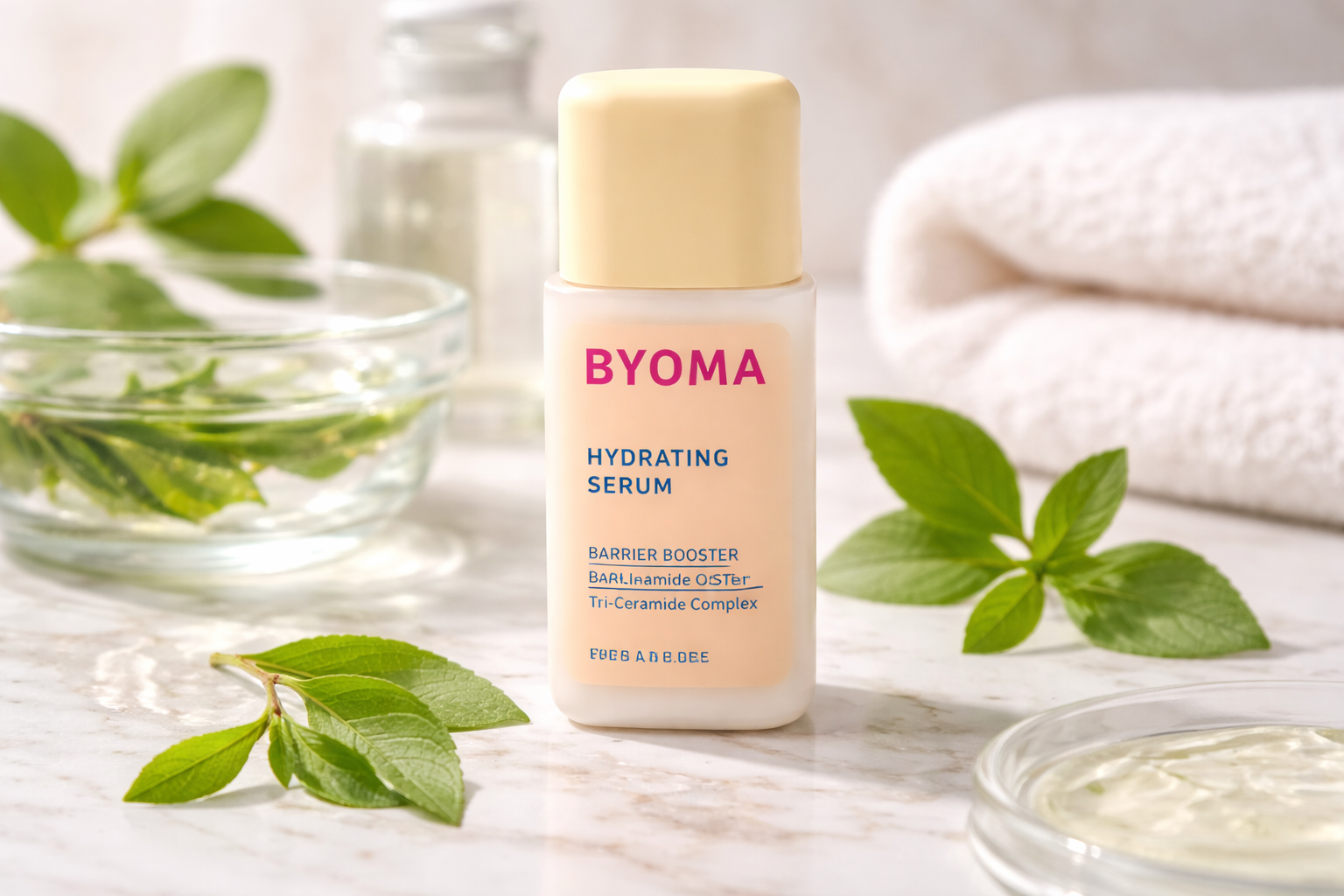 Byoma Hydrating Serum bottle placed on marble surface with green leaves and skincare elements