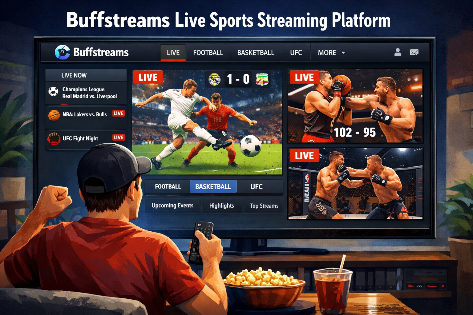 Buffstreams live sports streaming website interface showing football and basketball matches