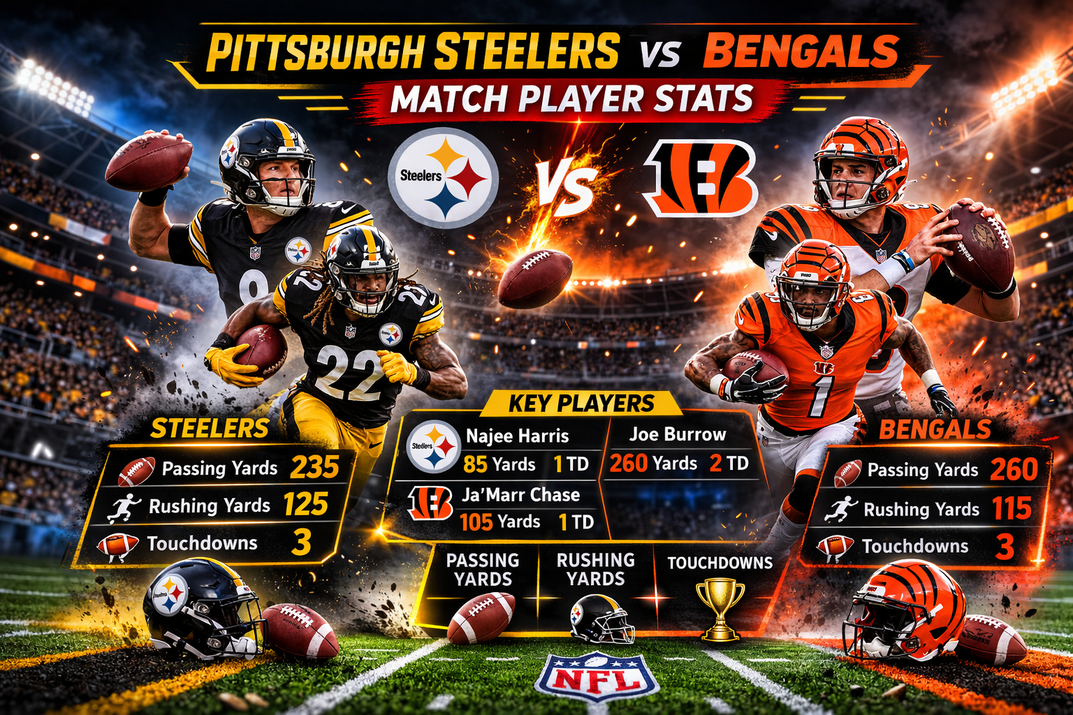 Pittsburgh Steelers vs Cincinnati Bengals NFL match player stats graphic showing quarterbacks, running backs, and key game statistics in a stadium background.