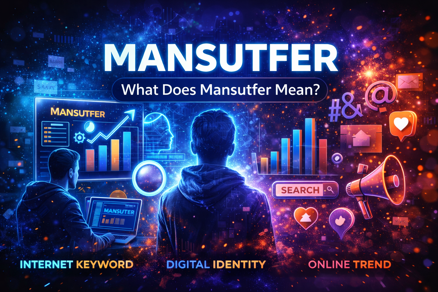 Digital illustration showing the concept of mansutfer as an internet keyword and digital identity trend with futuristic technology elements.
