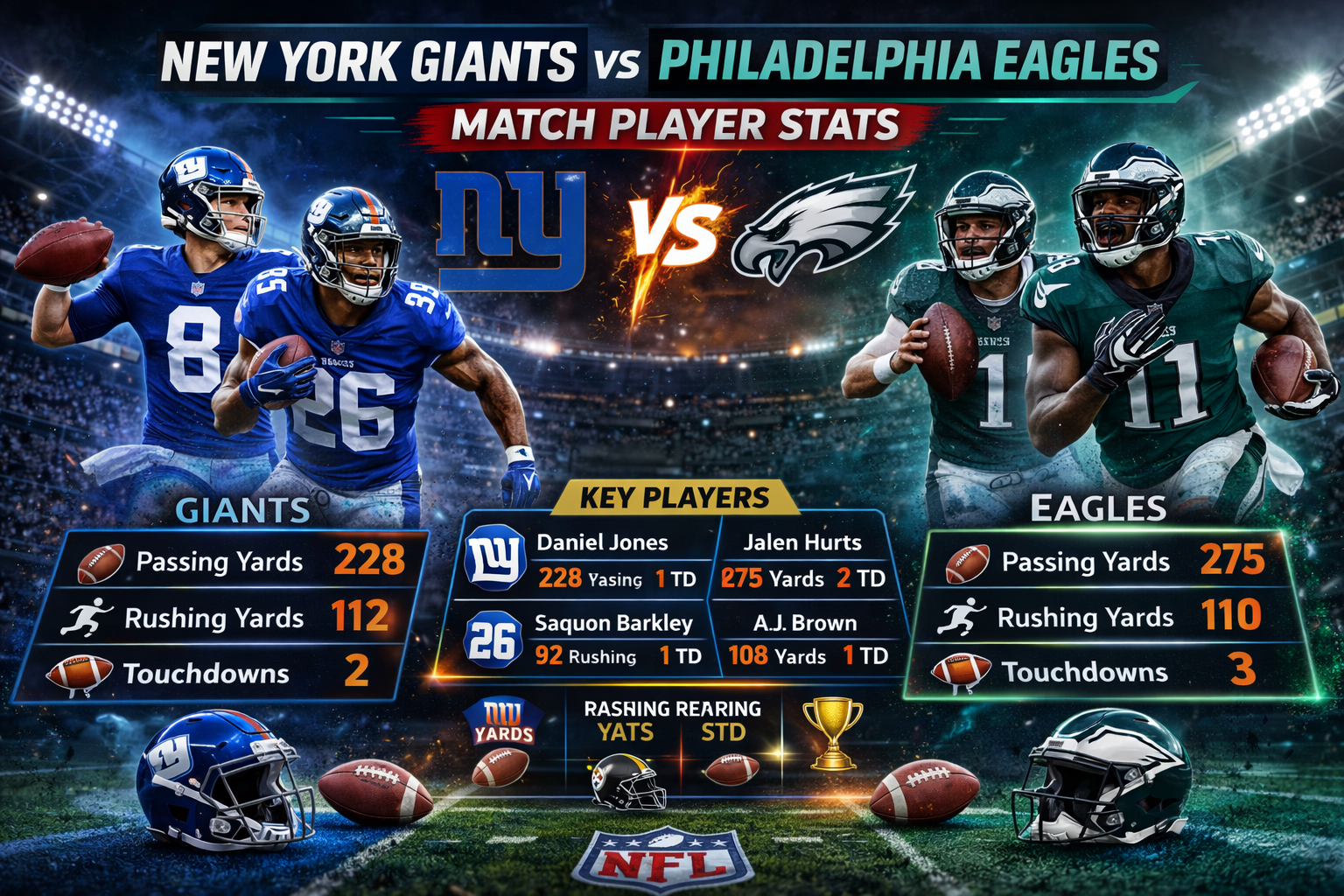 New York Giants vs Philadelphia Eagles match player stats graphic showing key NFL players, passing yards, rushing yards, and team comparison in a stadium background.
