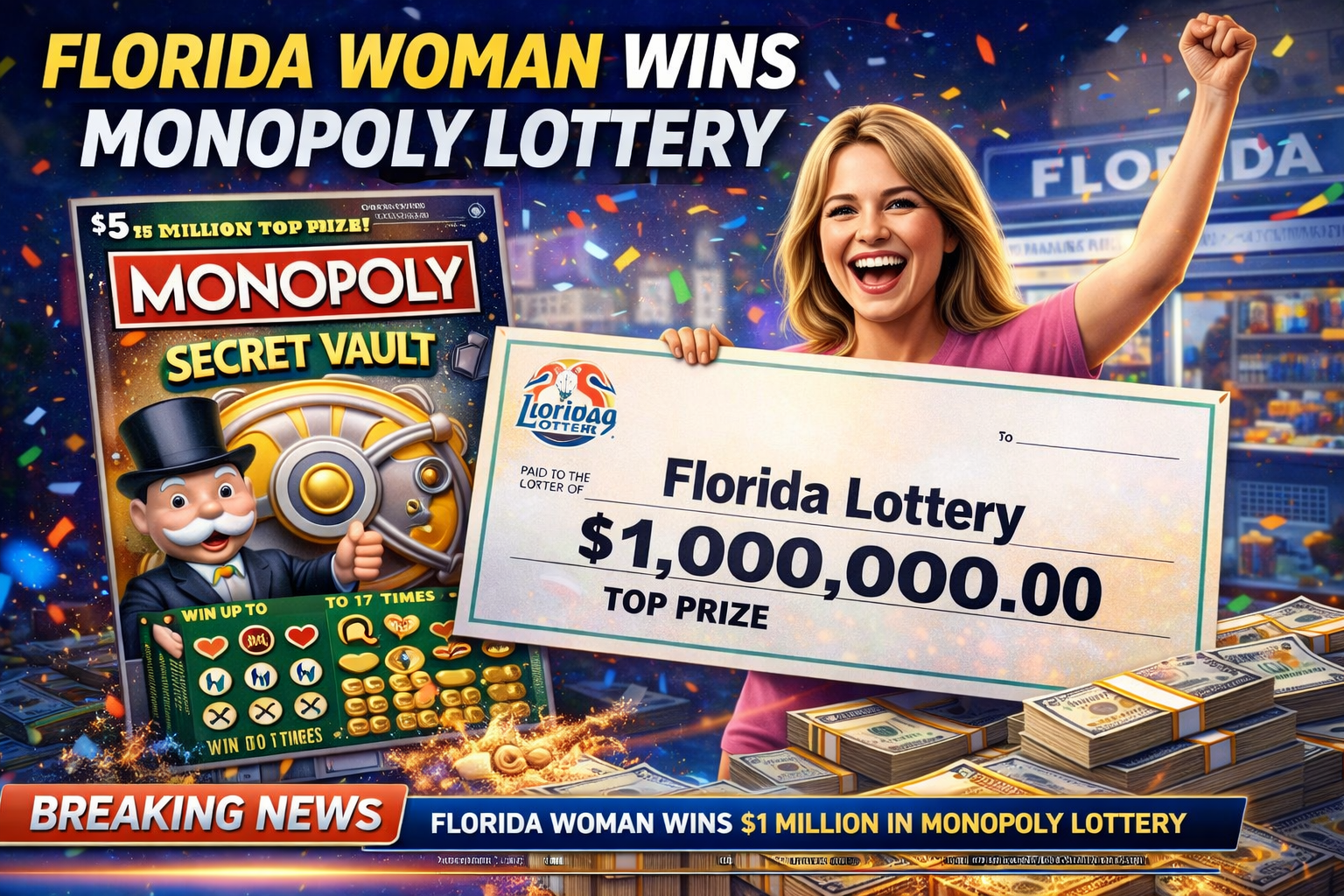 Florida woman celebrating after winning a Monopoly scratch-off lottery prize with a large check and lottery ticket illustration.