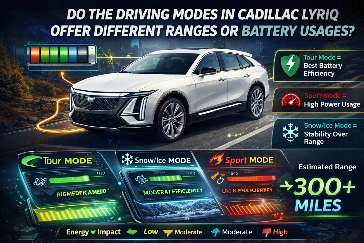 Cadillac Lyriq electric SUV infographic showing different driving modes and how they affect battery usage and driving range.