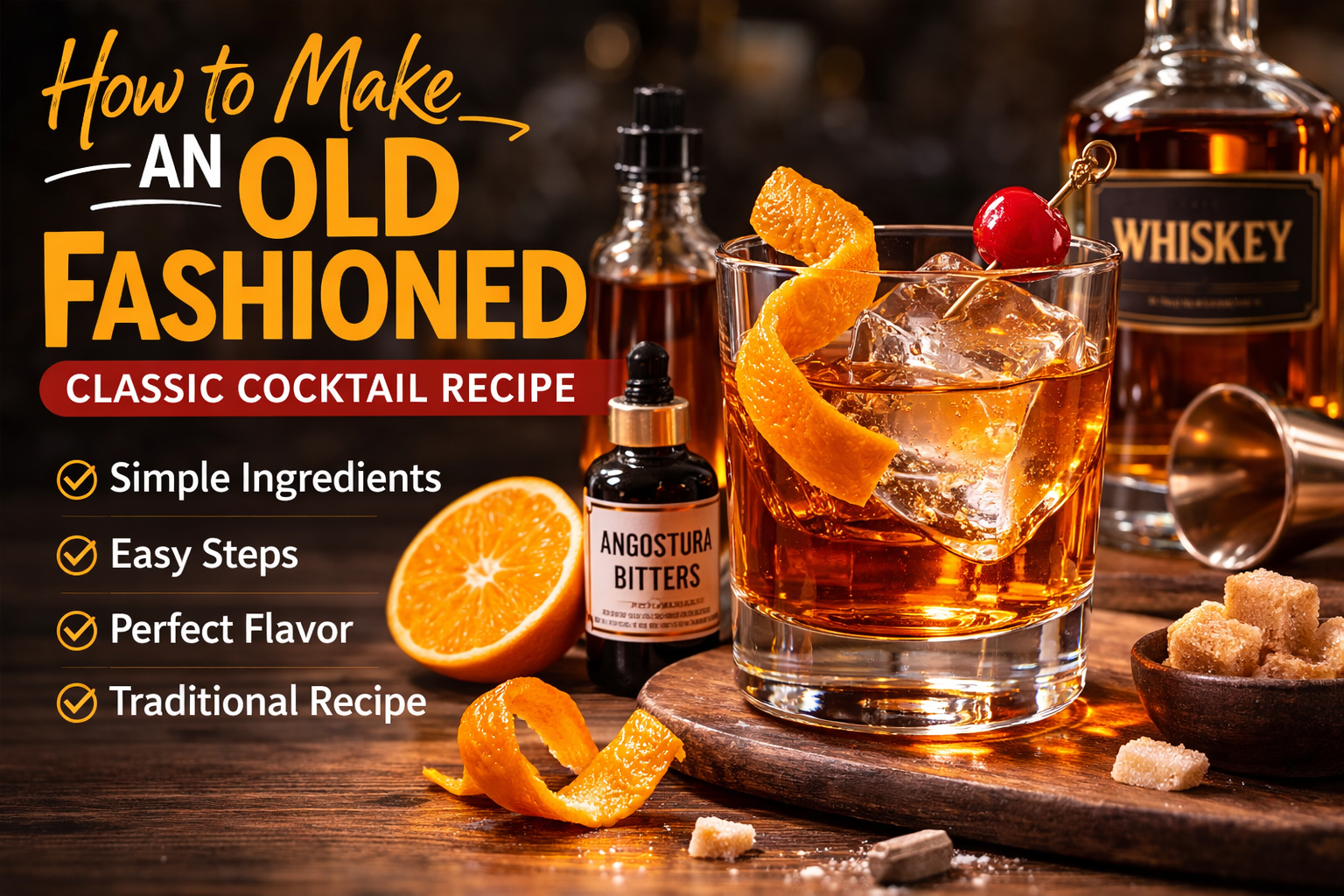 Classic Old Fashioned cocktail with bourbon whiskey, bitters, sugar cube, ice, and orange peel garnish on a wooden bar counter.