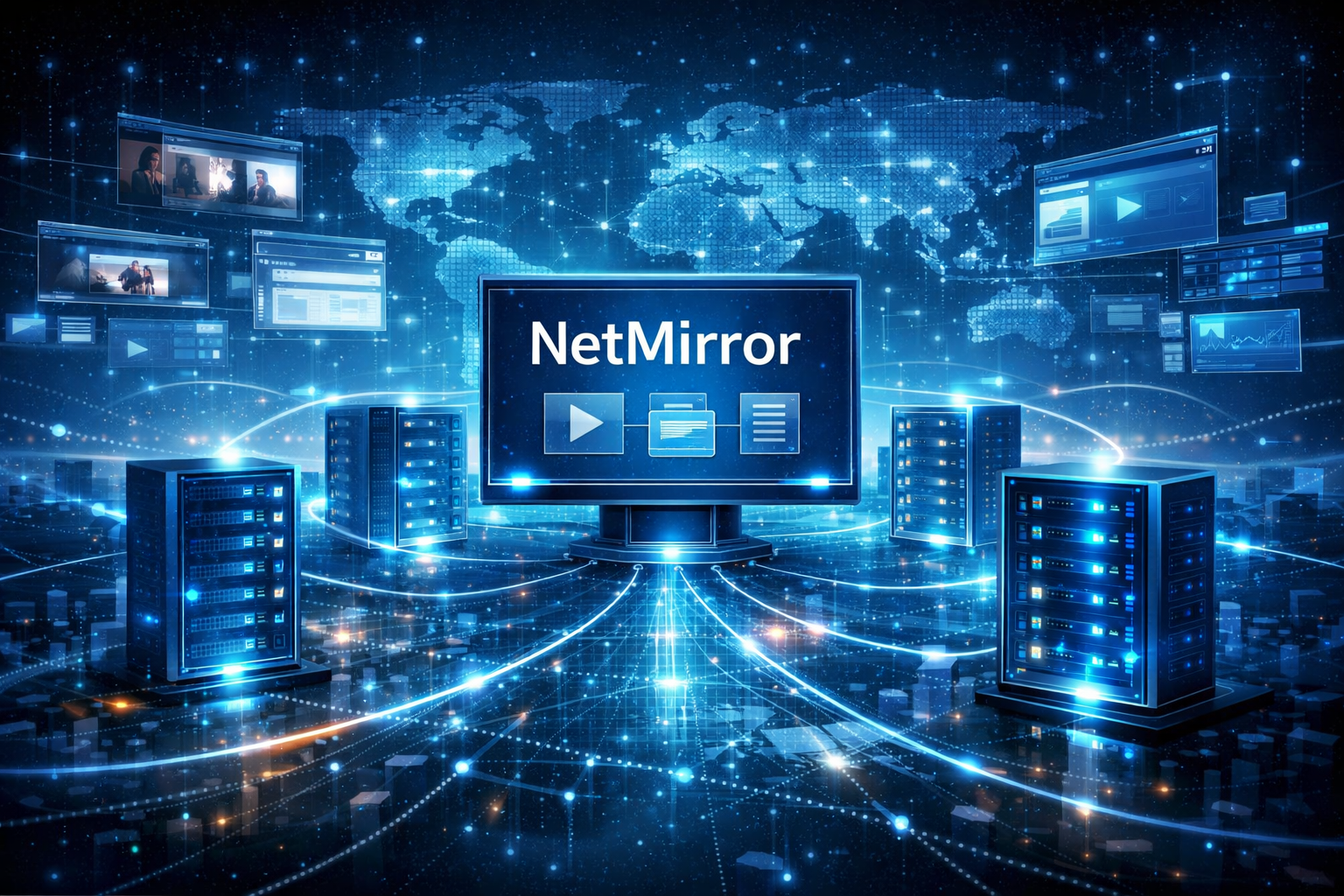 NetMirror platform showing mirrored servers connected through a global digital network