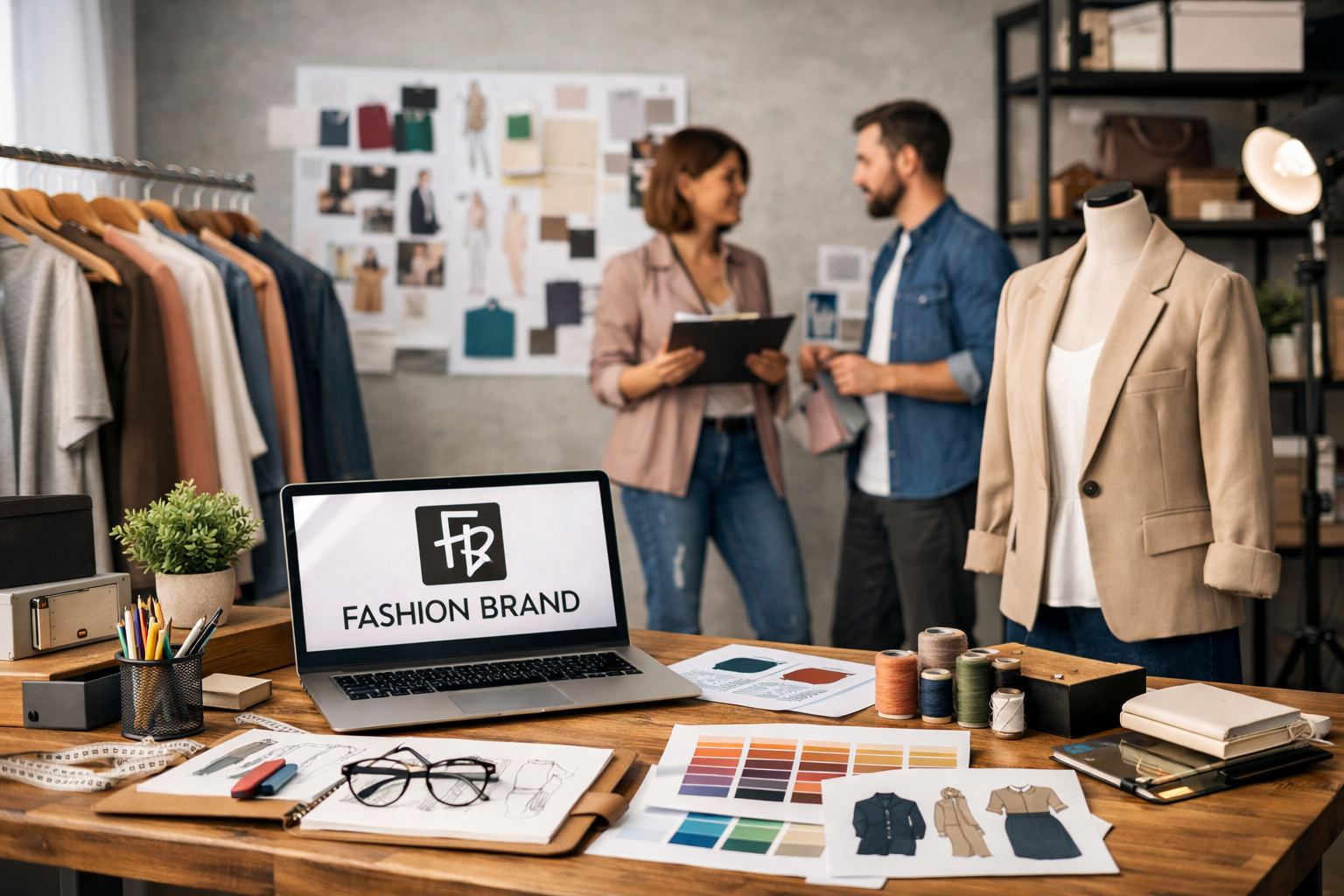 Fashion brand company workspace with clothing designs, branding elements, and modern studio setup