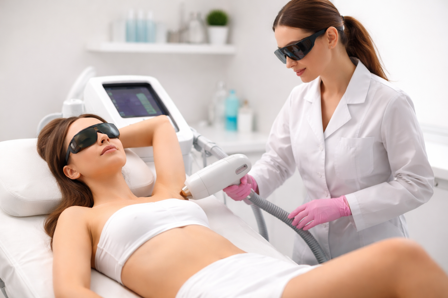 Professional laser hair removal procedure in a modern clinic with technician performing treatment on underarm area
