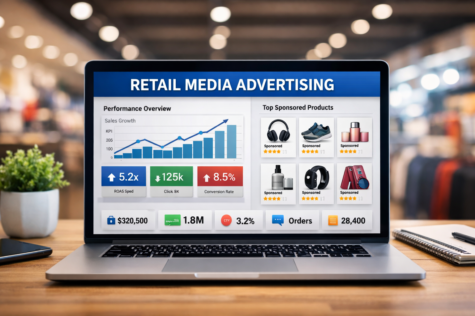 Retail media advertising dashboard showing e-commerce analytics and sponsored product performance