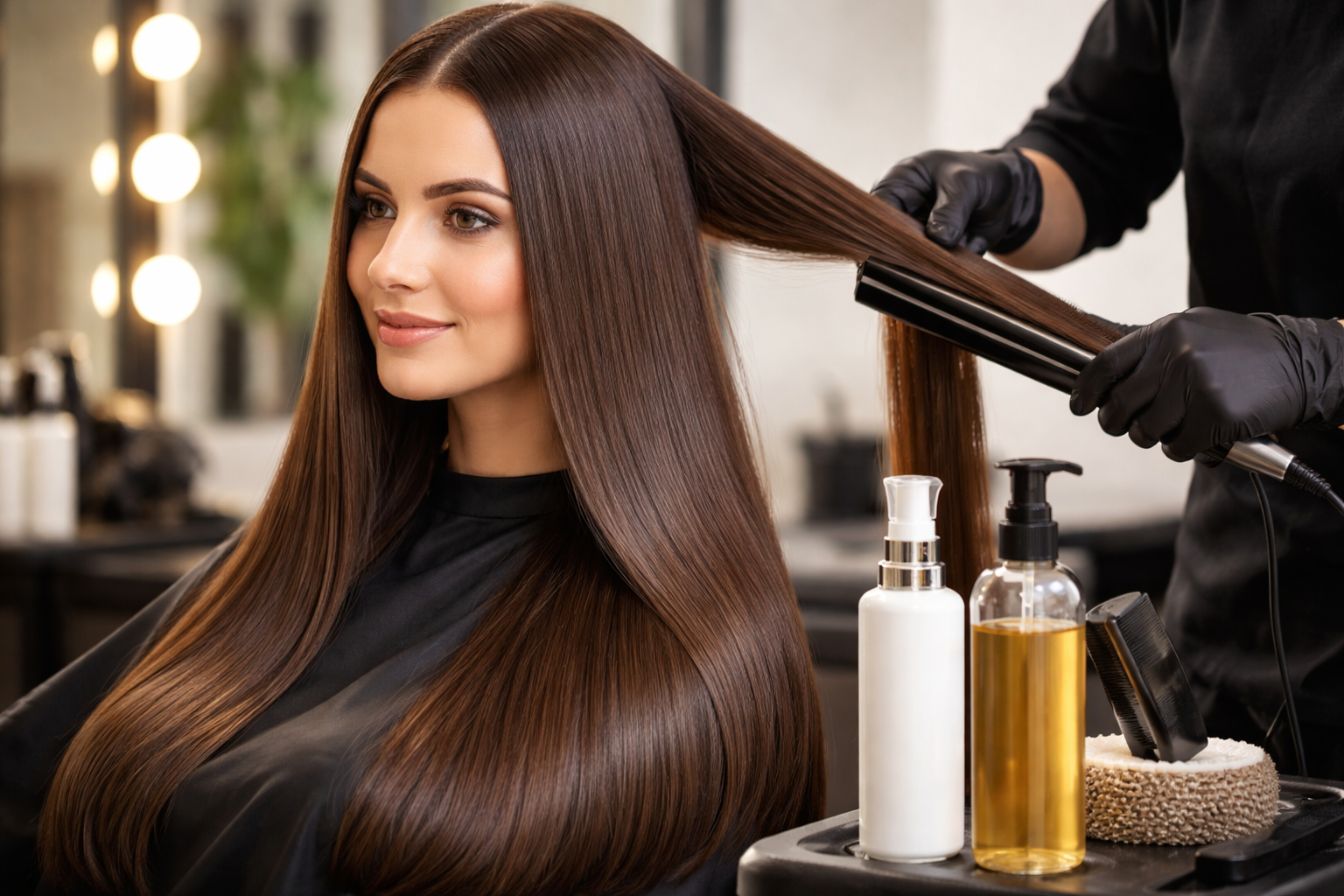 Professional keratin hair treatment process showing smooth shiny frizz-free hair
