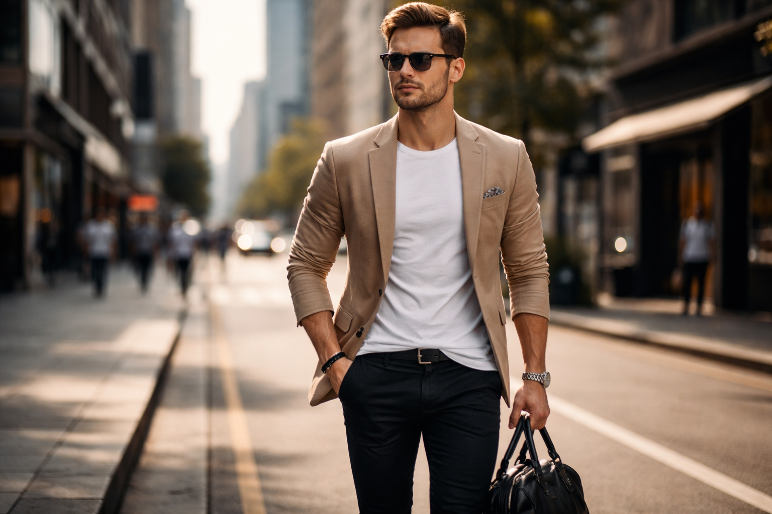Modern mansutfer fashion style with trendy men's outfit in urban setting
