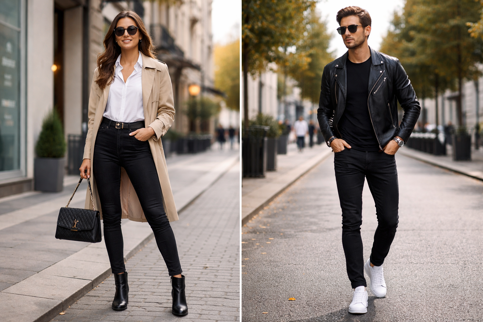 Stylish outfits showing what to wear with black jeans for casual and smart looks