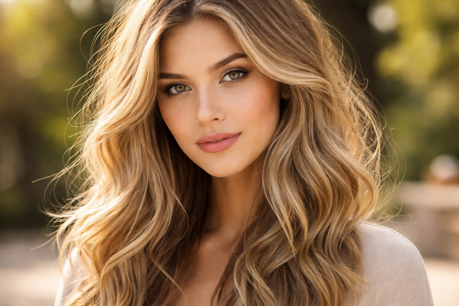 dirty blonde hair with natural highlights and soft waves in sunlight