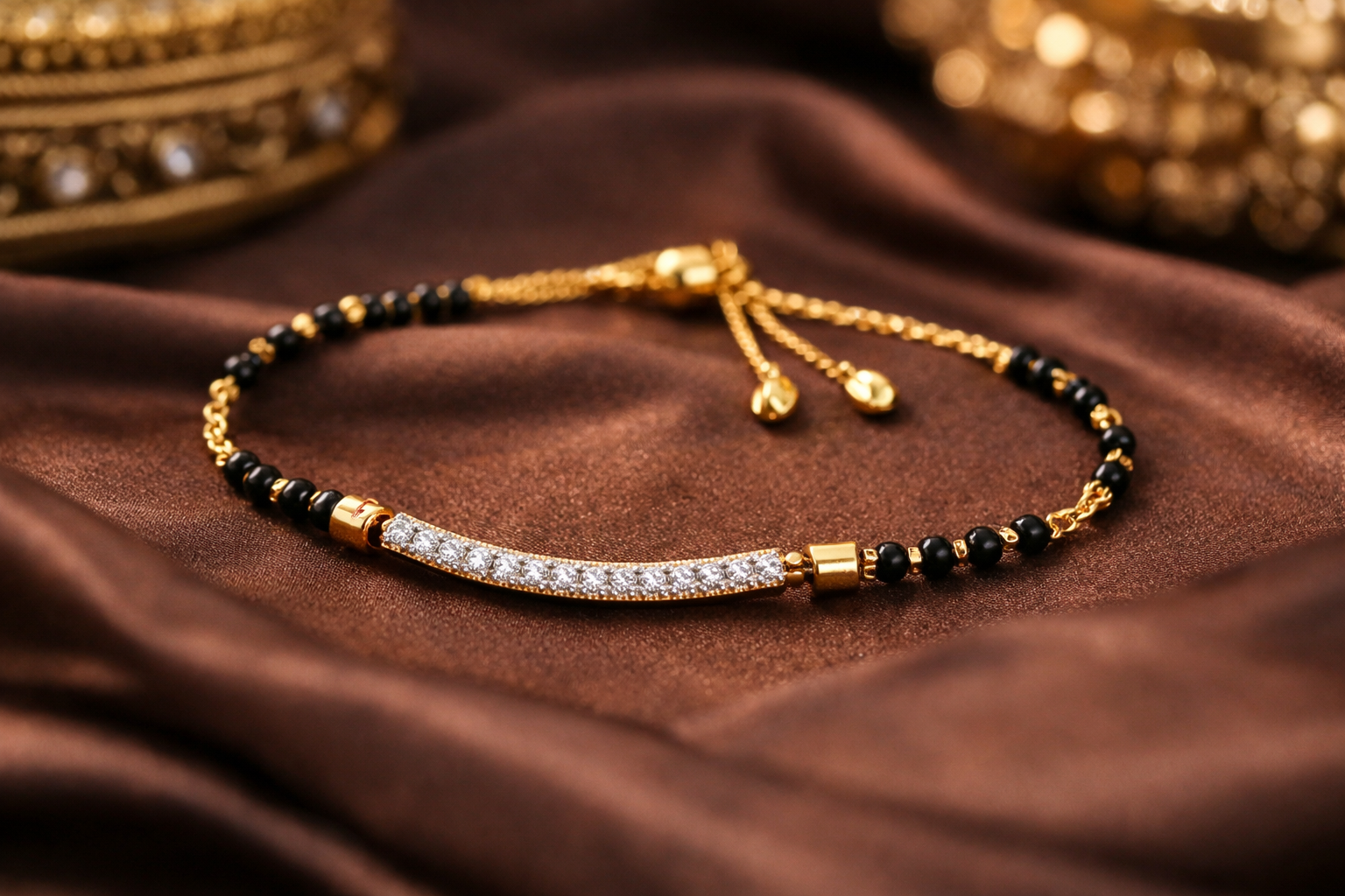 modern gold mangalsutra bracelet with black beads stylish design
