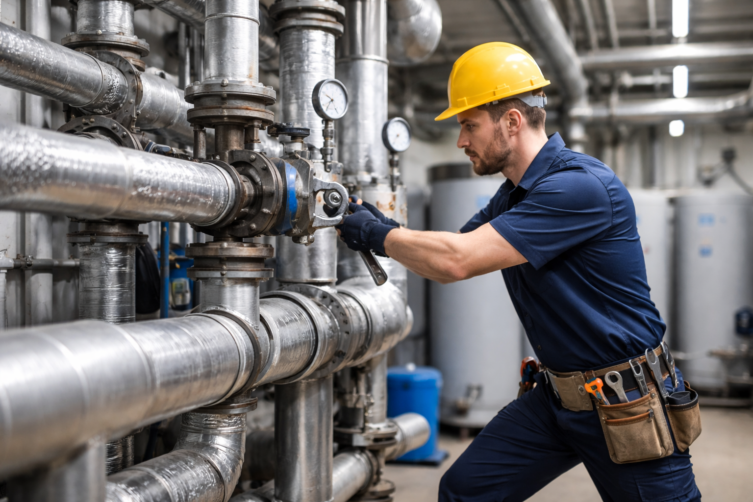 Commercial plumbing services technician repairing industrial pipes in a large building