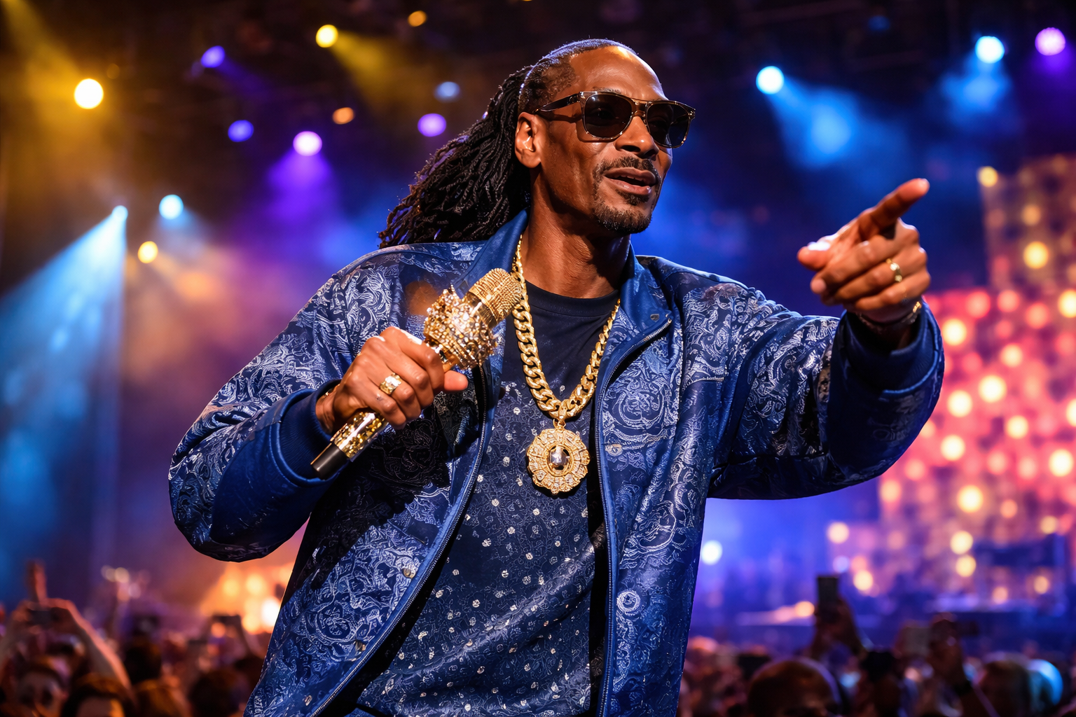 Snoop Dogg performing live on stage wearing stylish outfit