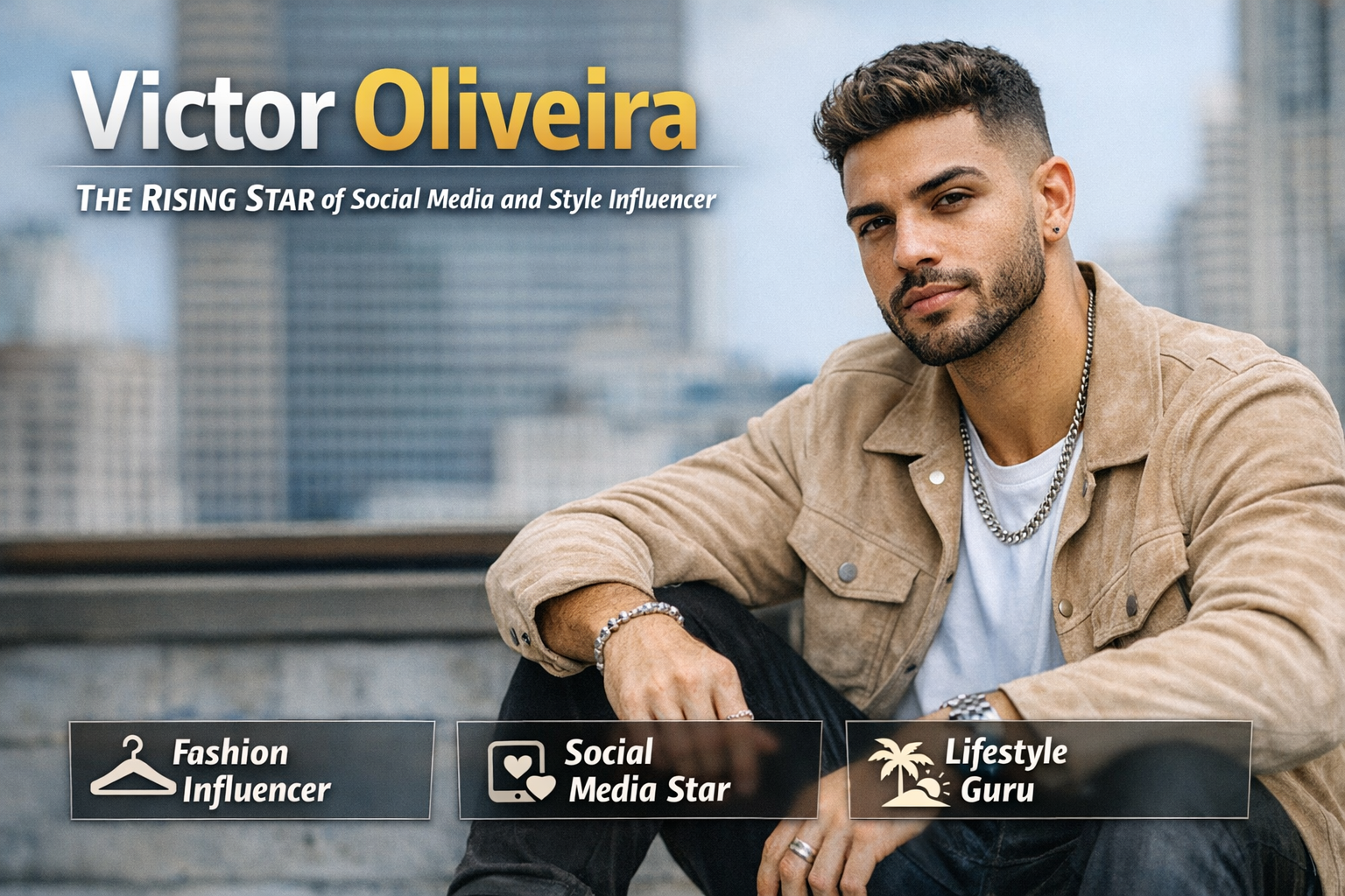 Victor Oliveira wearing a beige jacket with modern mens fashion style on a rooftop